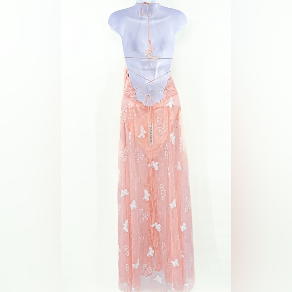 For Love & Lemons Beckett Lace Sheer Butterfly Sequin Bodysuit Maxi Dress Pink - Picture 4 of 16